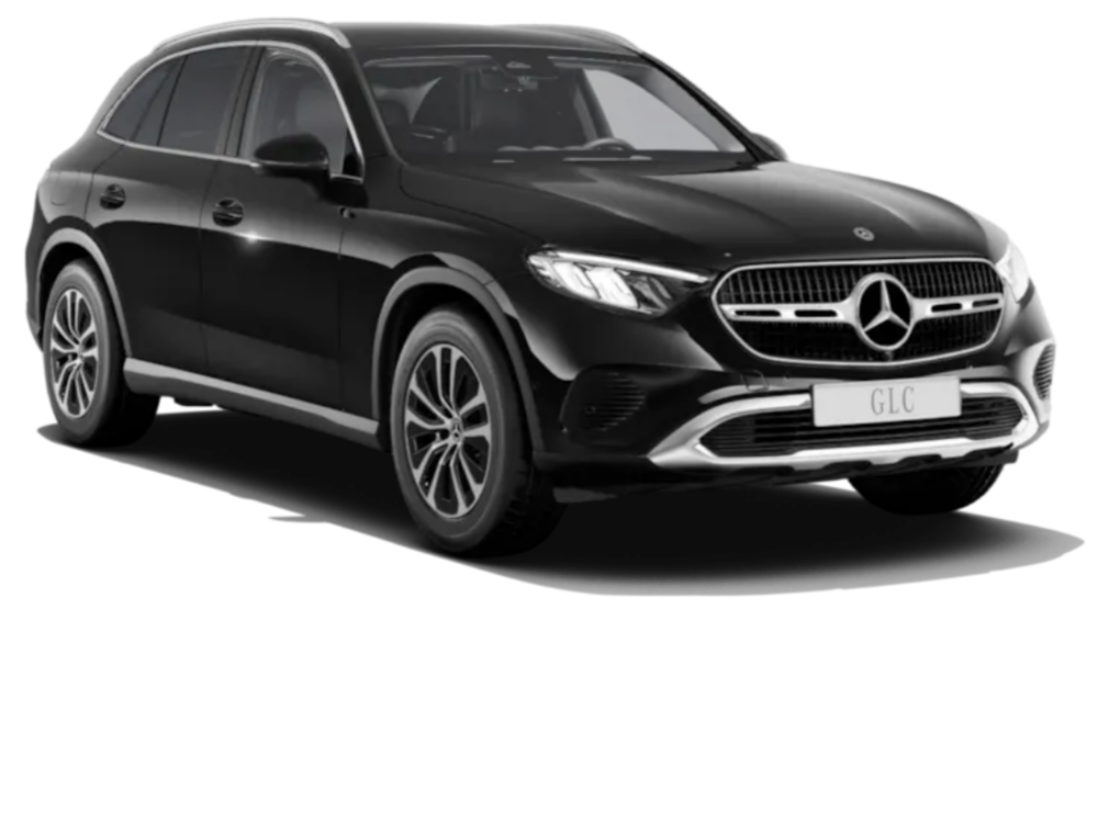 Black Mercedes-Benz SUV, front-side view.